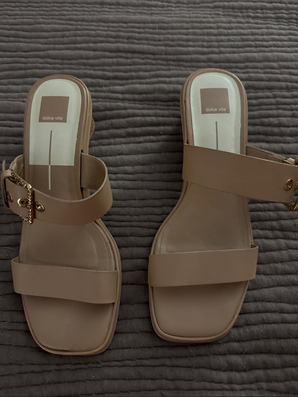 Dolce Vita Beige Double-Strap Slide Mules with Gold Buckle